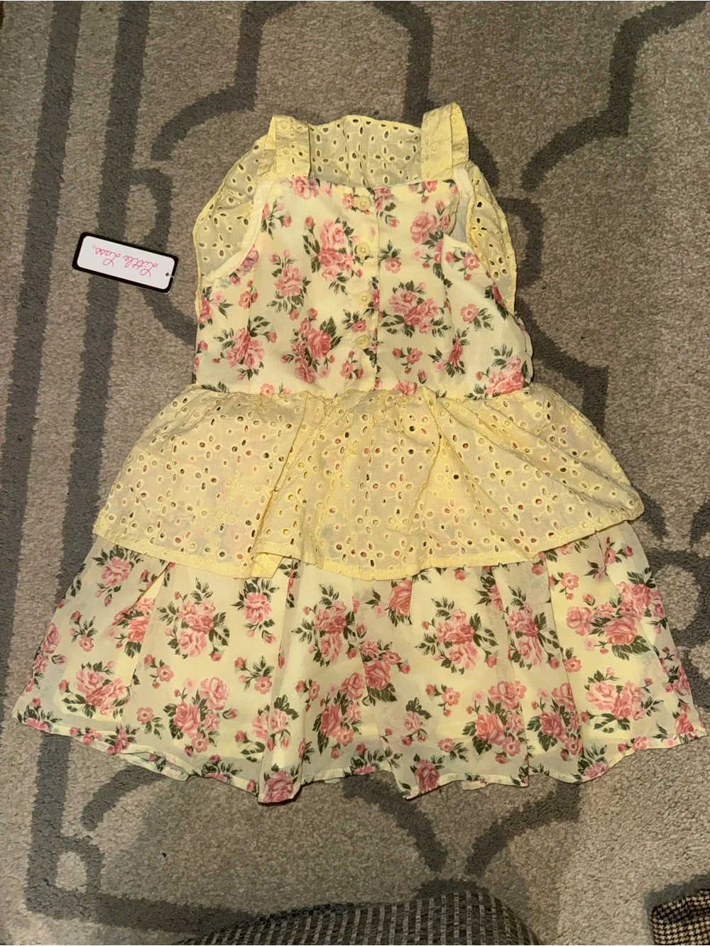 Little Lass Pale Yellow Eyelet Dress with‎ Pink Accents